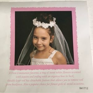 White detachable communion flower girl veil with flowers & sequins plus gloves